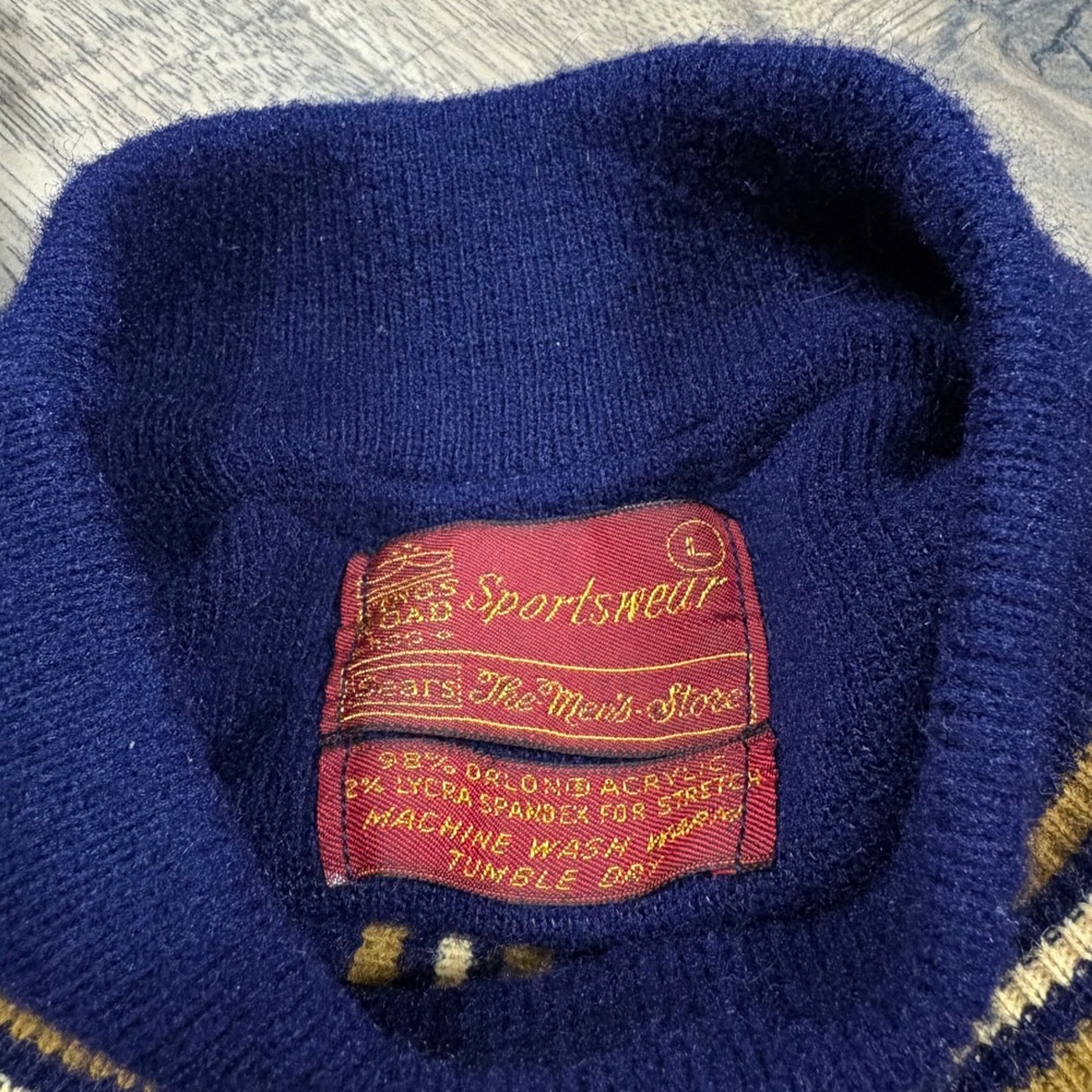 Vintage Sears Kings Road Sportswear Navy Blue Striped‎ Mock Neck Sweater Large - Picture 3 of 4